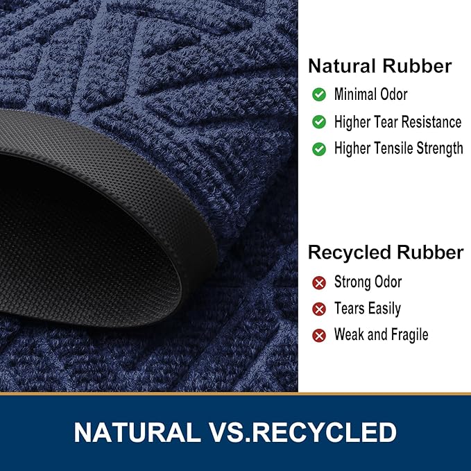 Smiry Front Door Mat Outside Entrance, Heavy Duty Sturdy Natural Rubber Doormat, Trap Dirt and Moisture, Easy Clean Low Profile Mats for Indoor Outdoor Entry, Grid Geometric (47x32, Navy Blue)