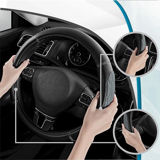 PIC AUTO Steering Wheel Cover, Gray Thick Rhombic Foam and Premium Leather, Universal 14.5-15.5 Inch Breathable Anti-Slip Steering Wheels Accessories for Men & Women