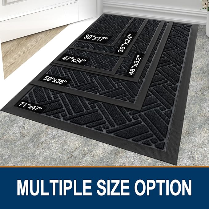 OLANLY Indoor Outdoor Mat, Sturdy Natural Rubber Floor Mat, Non Slip Low Profile Waterproof Doormat, and Stain Front Door Mats, Easy Clean Patio Entrance Mat, 48''x32'', Black