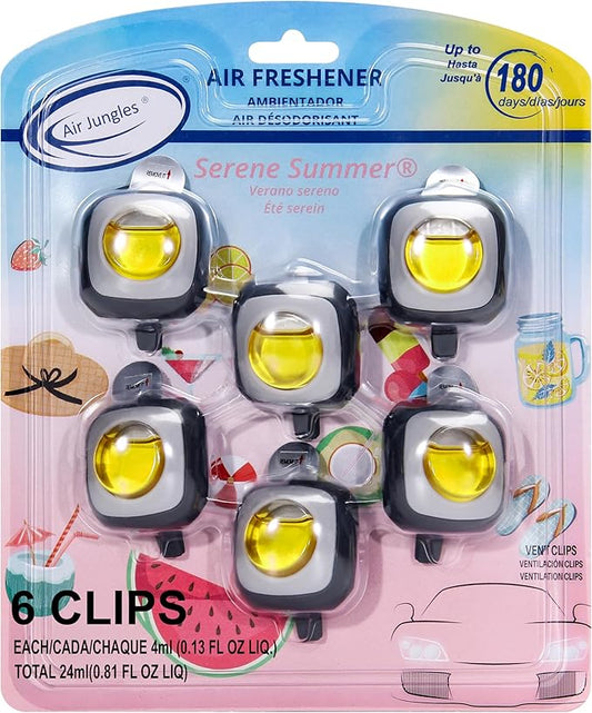 Air Jungles Serene Summer Scent Car Air Freshener Clip, 6 Vent Clips, 4ml Each, Long Lasting Air Freshener, Up to 180 Days Car Refresher Odor Eliminator