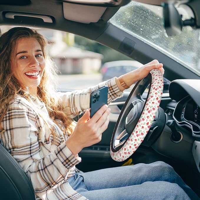 Pink Strawberry 15 Inch Steering Wheel Covers Green Leaves Flower Fruit 15 Inch Steering Wheel Covers Car Accessories Elastic Stretch Steering Wheel Cover for Truck Auto Suvs