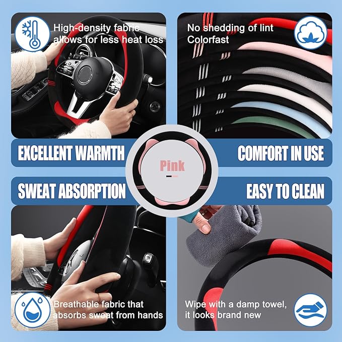 14 inch Furry Cute Steering Wheel Cover, Soft Fluffy Short Plush Auto Accessories, Non-Slip Cold-Proof Sweat-Proof Colorfast(Black with Pink)