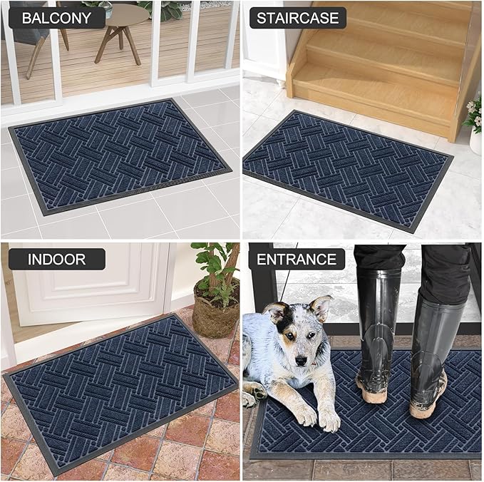OLANLY Indoor Outdoor Mat, Sturdy Natural Rubber Floor Mat, Non Slip Low Profile Waterproof Doormat, and Stain Front Door Mats, Easy Clean Patio Entrance Mat, 48''x32'', Navy