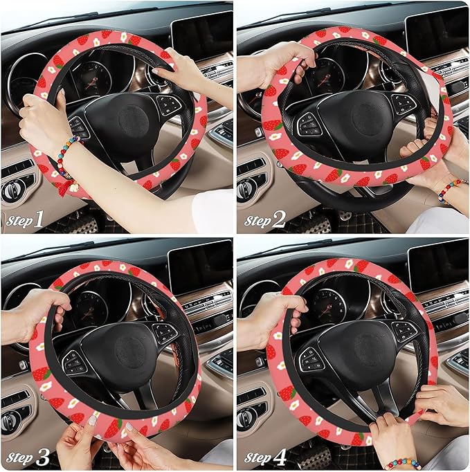 Strawberry Steering Wheel Cover,Strawberries Flower Elastic Non-Slip Steering Wheel Protector,Auto Interior Decor for Women Girls,Universal 15" Fit for Sedans,Trucks