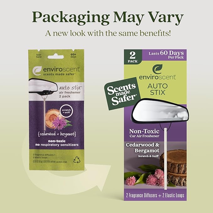 Enviroscent Non-Toxic Car Air Freshener | Natural Car Air Freshener | Essential Oil Diffuser | Car Scent Lasting Over 480 Days | 8 Packs of 2 Hanging Auto Stix (Cedarwood & Bergamot)