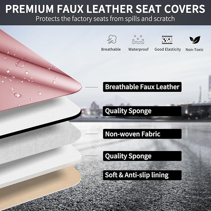 Pink Car Seat Covers Fit for Corolla Cross RAV4 Kona HR-V CRV UX,Waterproof and Breathable Automotive Seat Covers Full Set, Front and Rear Leather Seat Covers.