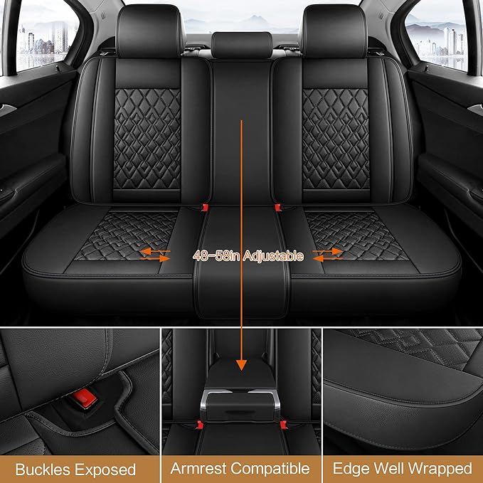 Pariitadin Leather Car Seat Covers Full Set, Waterproof Breathable Faux Leather Automotive Seat Covers for Cars, Non-Slip Car Interior Covers Universal Fit Most Cars Sedans Trucks SUVs, Black