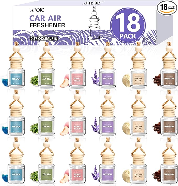 AROIC Car Air Freshener, 18 Pack Long Lasting Hanging Car Air Freshener Diffuser Set for Women & Men, 6 Premium Scents Essential Oil Vehicle Aroma Fragrance Gift (8ml Each)
