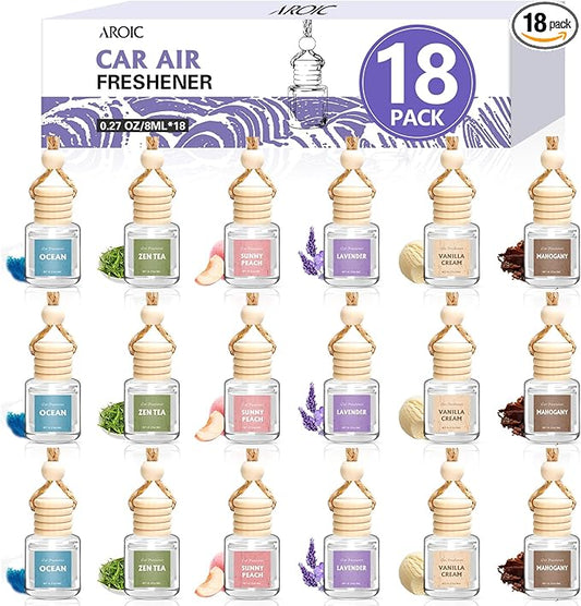 AROIC Car Air Freshener, 18 Pack Long Lasting Hanging Car Air Freshener Diffuser Set for Women & Men, 6 Premium Scents Essential Oil Vehicle Aroma Fragrance Gift (8ml Each)