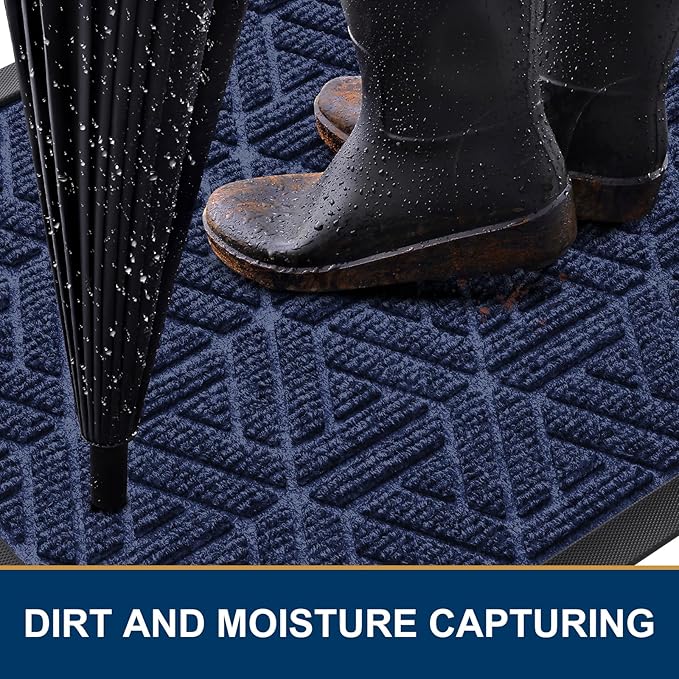 Smiry Front Door Mat Outside Entrance, Heavy Duty Sturdy Natural Rubber Doormat, Trap Dirt and Moisture, Easy Clean Low Profile Mats for Indoor Outdoor Entry, Grid Geometric (29.5x17, Navy Blue)