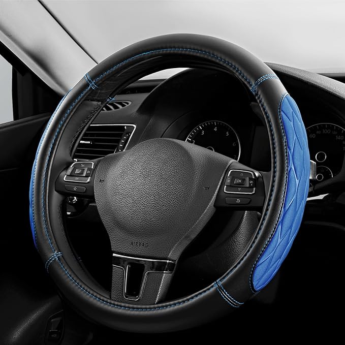 PIC AUTO Steering Wheel Cover, Blue Thick Rhombic Foam and Premium Leather, Universal 14.5-15.5 Inch Breathable Anti-Slip Steering Wheels Accessories for Men & Women