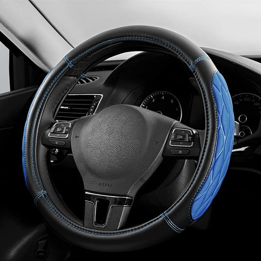 PIC AUTO Steering Wheel Cover, Blue Thick Rhombic Foam and Premium Leather, Universal 14.5-15.5 Inch Breathable Anti-Slip Steering Wheels Accessories for Men & Women