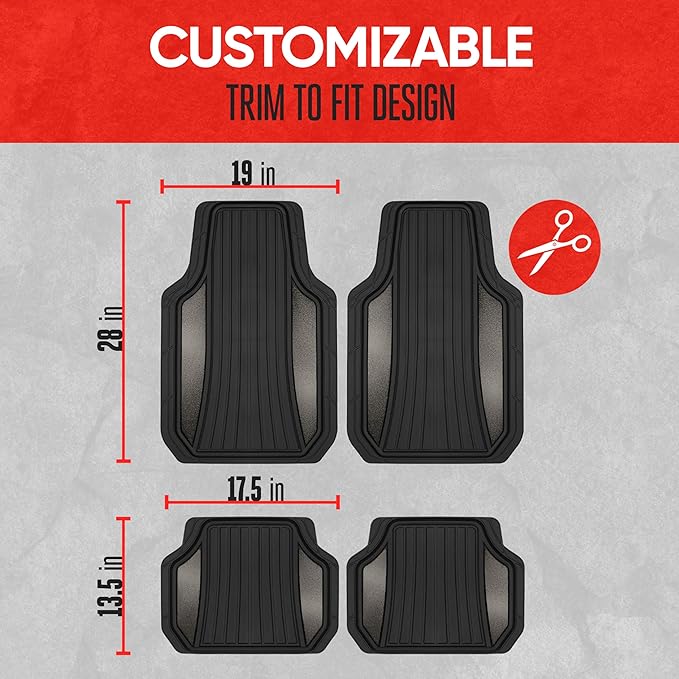 Motor Trend ChromeTech Car Floor Mats Full Set - Durable Rubber Floor Mats for Cars with Two Tone Accent, All Weather Interior Protection for Front and Rear with Non-Slip Backing, Gunmetal Chrome