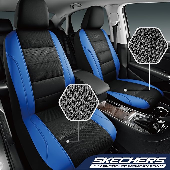 Skechers Aircooled & Memory Foam Car Seat Covers,Premium Leather with EVA Mesh Seat Covers, Front car seat Protector, Airbag Compatible, Automotive Comfort for Most Cars, Vans, Trucks, SUV,Blue