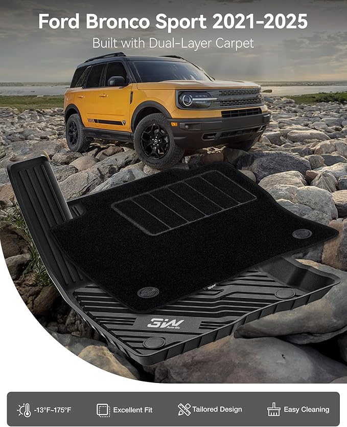 3W Floor Mats & Carpets (1st and 2nd Rows) Fit for Ford Bronco Sport 2021-2024 All Weather TPE Car Accessories Custom Fit Full Set Ford Bronco Sport Car Mats (Not for Bronco & Rubberized Floor)