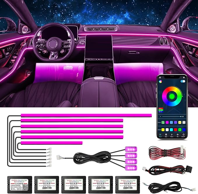 WEBUPAR Acrylic Interior Car Lights, Car Accessories 10 in 1 Car LED Strip Lights with APP Control, 175 inches 593 LEDs Fiber Optic Lights, RGB Neon Car Ambient Lighting Kits