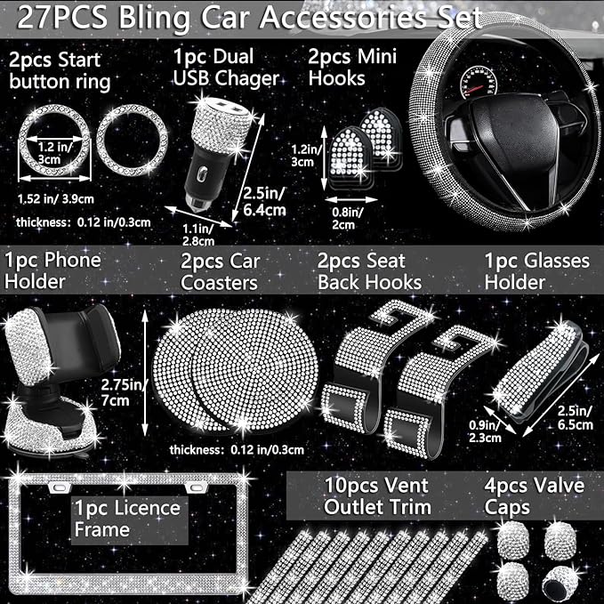 NBTEPEM 27 PCs Bling Car Accessories Set for Women, Steering Wheel Covers Universal Fit 15 Inch, Bling License Plate Frame, Bling Phone Holder, Bling Car Coasters (Silver Diamond)