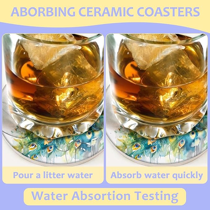 2 Pack Car Cup Holder Coaster-Peacocks Watercolor Absorbent Ceramic Coaster, Car Coasters for Cup Holders,Auto Accessories for Women & Men