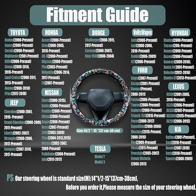 Flowers and Strawberries Steering Wheel Cover Auto Steering Wheel Protector, Anti-Slip, Breathable, Absorbing Sweat, Universal Car Accessories 14.5–15 inch,Fit for Most Car, Trucks, SUV