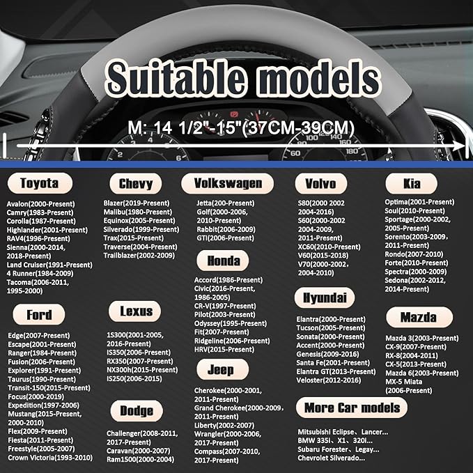 West Llama Nappa Leather Car Steering Wheel Cover Gel Massage,Cool in Summer,Universal 15 inch(Gray+Black-Standard Size)