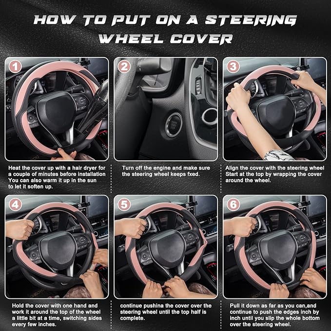 SEG Direct Car Steering Wheel Cover for Women Men, Standard Size 14.5-15 inch (37-39 cm), Auto Interior Accessories, Black and Pink