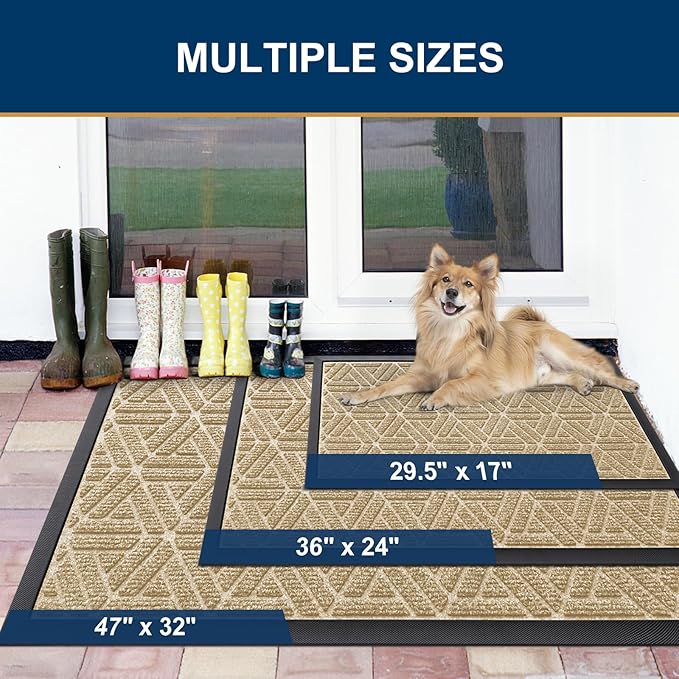 Smiry Front Door Mat Outside Entrance, Heavy Duty Sturdy Natural Rubber Doormat, Trap Dirt and Moisture, Easy Clean Low Profile Mats for Indoor Outdoor Entry, Grid Geometric (47x24, Beige)