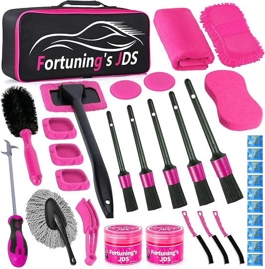 34PCS Car Detailing Brush Set, Car Detailing Kit, Car Detailing Brushes, Car Cleaning Kit, Professional Car Care kit - Car Wash Brush kit for Interior Exterior Wheels, Pink Car Accessories for Women