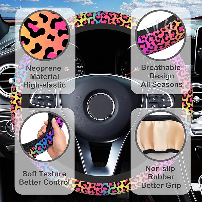 Rainbow Leopard Print Steering Wheel Cover for Women, Anti-Slip Car Steering Wheel Cover with 2 Pcs Cup Holders Neoprene Breathable Car Accessories Universal 15 Inch Auto Interior Decor