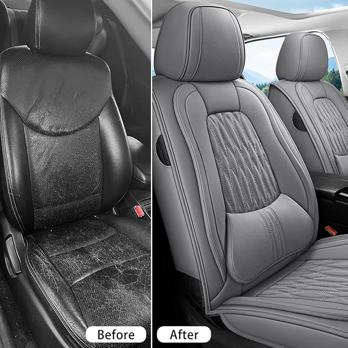 WELLDO Car Seat Covers Full Set, Premium Nappa Leather Seat Covers for Car, Waterproof Car Seat Protector with Lumbar Support, Automotive Seat Covers Universal Fit for Most Cars SUV Truck, Gray,w02.