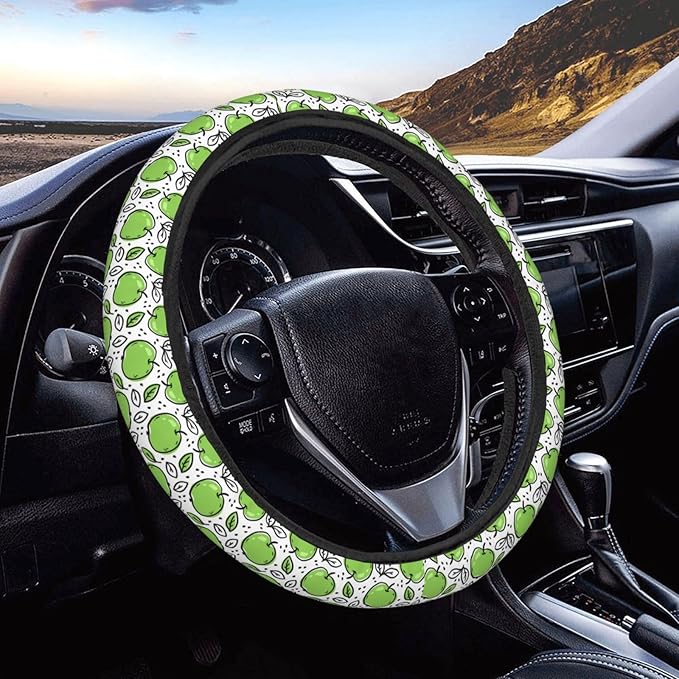 Dujiea Green Fruit with Leaves Elastic Stretch Steering Wheel Cover, Anti-Slip and Durable Car Steering Wheel Accessories for Women Men, 15 Inch Universal Fit Car, Truck, SUV