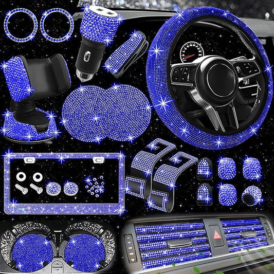 NBTEPEM 27 PCs Blue Bling Car Accessories Set for Women, Steering Wheel Covers Universal Fit 15 Inch, Bling License Plate Frame, Bling Phone Holder, Bling Car Coasters (Blue Diamond)
