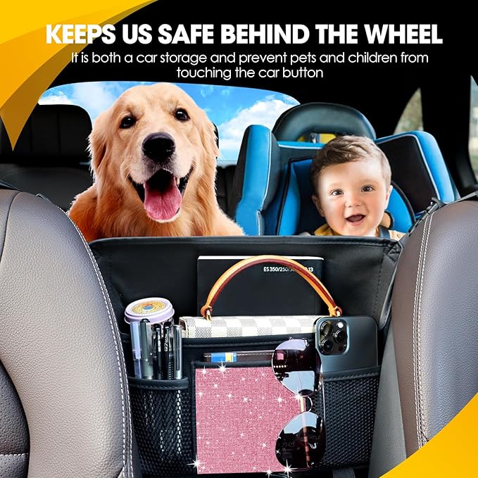 Pink Diamond Car Handbag Holder Between Seats Bling Rhinestone Car Storage Bag Large Capacity Purse Phone Ipad Automotive Consoles Organizer Safe Barrier of Backseat Pet Kids…