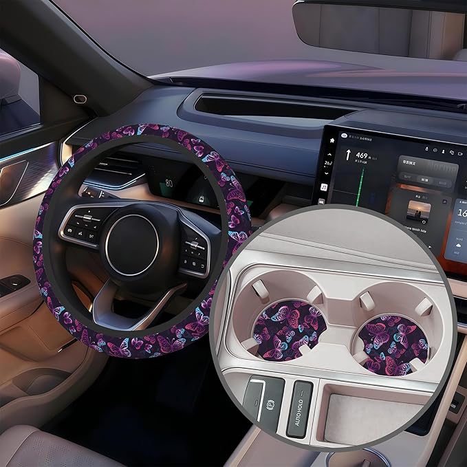 Purple Butterflies Steering Wheel Cover for Women, Anti-Slip Car Steering Wheel Cover with 2 Pcs Cup Holders Neoprene Breathable Car Accessories Universal 15 Inch Auto Interior Decor