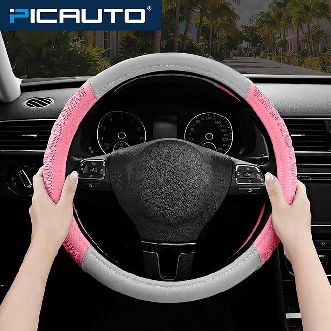 PIC AUTO Massage Steering Wheel Cover, Pink Football Pattern Material Spliced & Gray Leather Car Steering Wheel Cover, Car Steering Cover, Universal Fit 14.5"-15.5" for Cars, Trucks, Van, SUVs