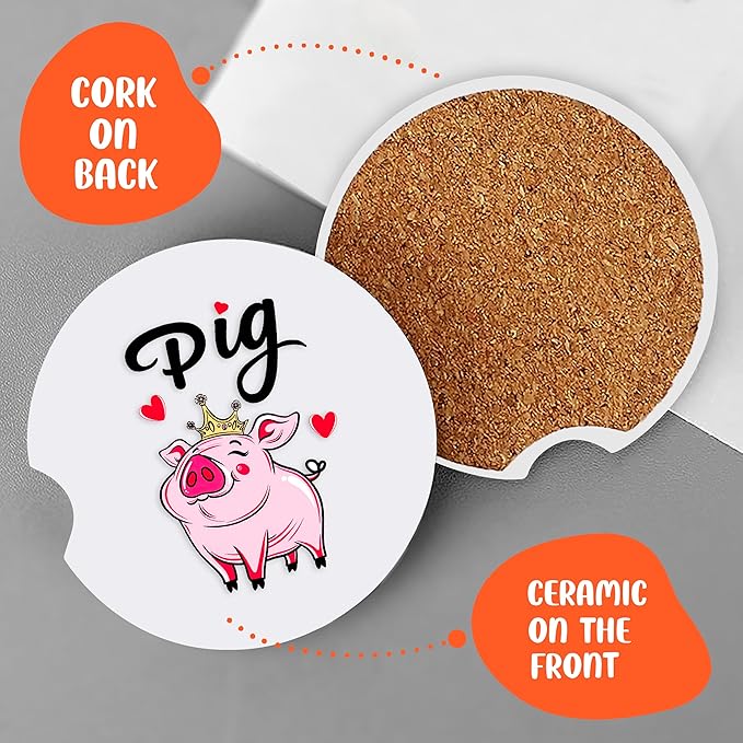2 Pack Pig Car Cup Holder Coaster, Cute Car Interior Accessories Drink Coaster for Women & Men, Pig Lovers Themed Gifts Stuff Accessories Things Merchandise Items!