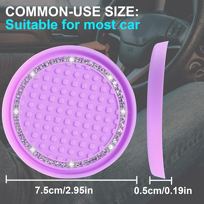 Amooca Car Cup Coaster 4 Pack Universal Non-Slip Cup Holders Insert Coasters Bling Crystal Rhinestone Car Interior Accessories Purple Dots