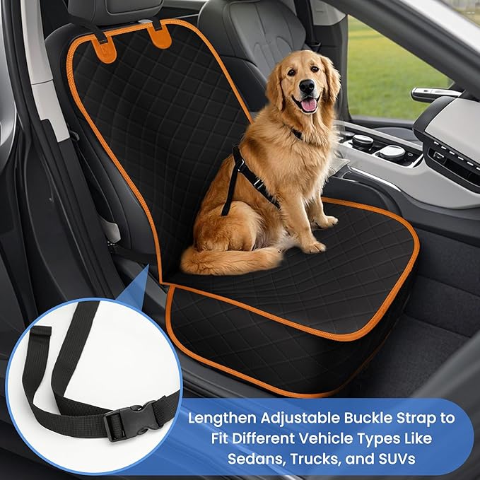 Dog Car Seat Covers, Waterproof Front Seat Cover for Dogs, Scratch-Proof, Nonslip Pet Passenger Seat Cover Protector, Universal Fit for Cars Trucks SUVs, Large Size, Black with Orange