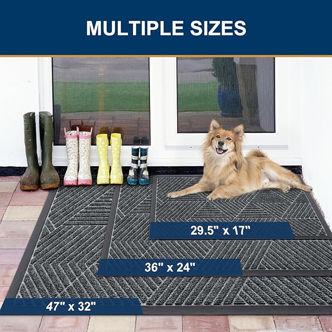 Smiry Front Door Mat Outside Entrance, Heavy Duty Sturdy Natural Rubber Doormat, Trap Dirt and Moisture, Easy Clean Low Profile Mats for Indoor Outdoor Entry, Irregular Triangle (29.5x17, Grey)