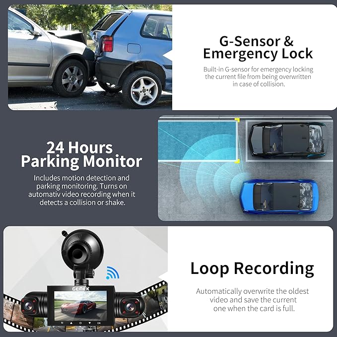 360 Degree View 4 Channel Dash Cam 5G WiFi & App Control, GEMEK 2K Front and Rear Inside, Left and Right Dash Camera for Cars, Free 64GB TF Card, G-Sensor, Night Vision, 24-Hour Parking Mode