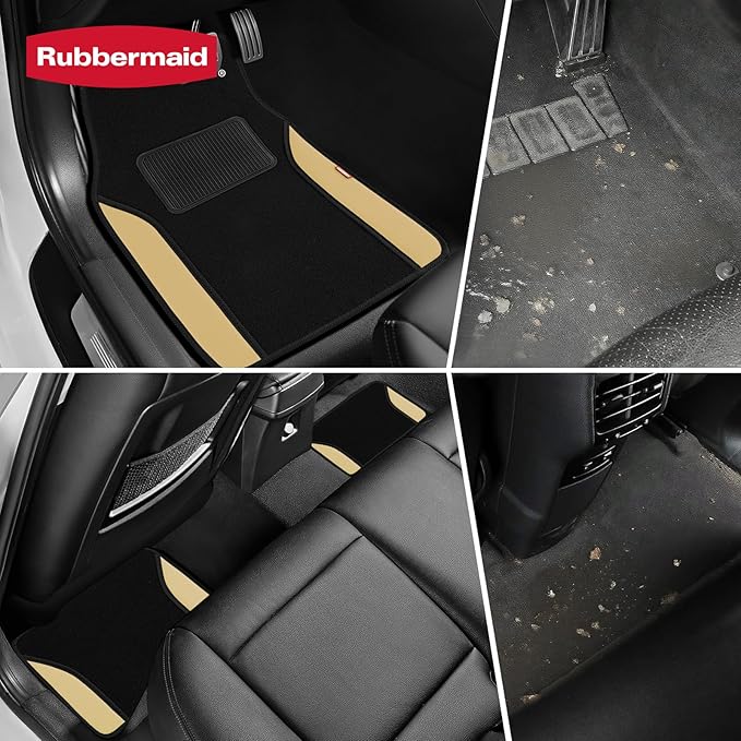 Rubbermaid Car Mats, Carpeted Floor Car Mat with Faux Leather & Built-in Heel Pad, Two-Tone Car Rug Floor Mats, Stylish Carpeted Floor Mats for Cars, Trucks & SUVs Beige Color