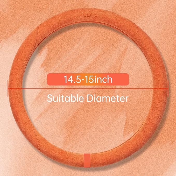 OURTIME Faux Suede Car Steering Wheel Cover, Universal 15 inch,Non-Slip,Comfortable,Soft,Microfiber Breathable Suede Fabric,Warm in Winter and Cool in Summer (Orange)