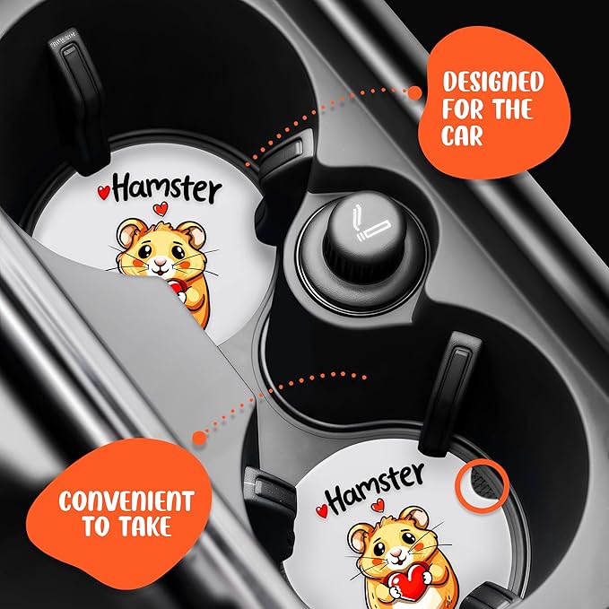 2 Pack Hamster Car Cup Holder Coaster, Cute Car Interior Accessories Drink Coaster for Women & Men, Hamster Lovers Themed Gifts Stuff Accessories Things Merchandise Items!