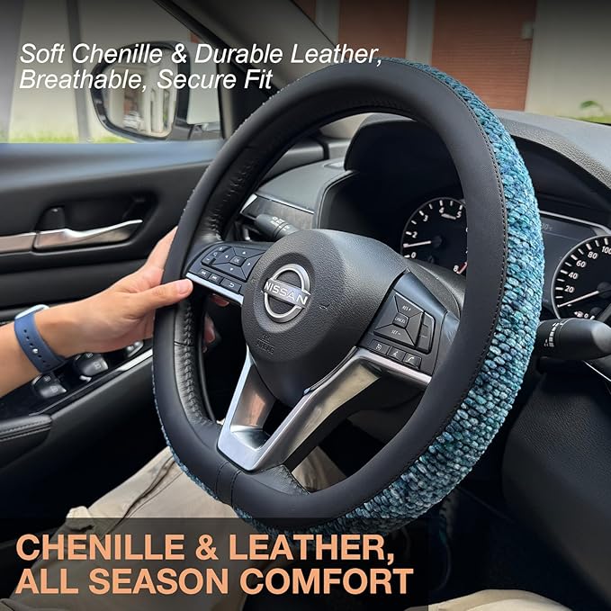 PINCTROT D Shaped Chenille Leather Steering Wheel Cover, Soft Mottled Colors, Sweat-Proof, Non-Slip Grip, All-Season Comfort, Flat Bottom 14.5-15 Inch(Mottled Blue)