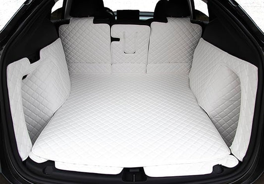 White Cargo Mat for Tesla Model Y 5-Seat Full Coverage Trunk Liner 2020-2025 (Rear Cargo Cover+Back Seat Protector+High Sides Panel Protector+Door Sill Protector)