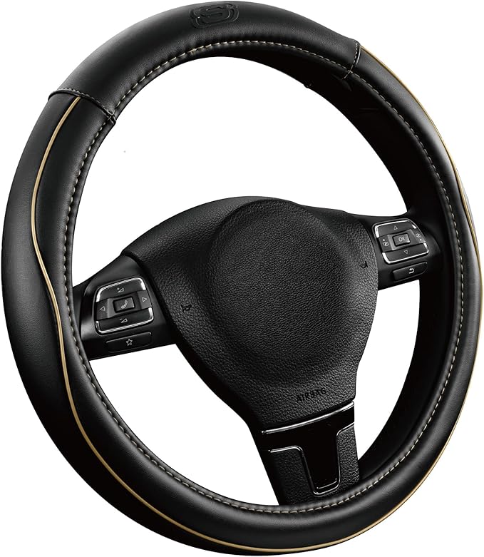 Skechers Memory Foam Steering Wheel Cover,Piping Microfiber Leather Steering Wheel Cover Sporty Universal Fit 14" 1/2-15" Car Wheel Protector for Men Women Fit Suvs,Vans,Sedans,Car,Trucks,Beige