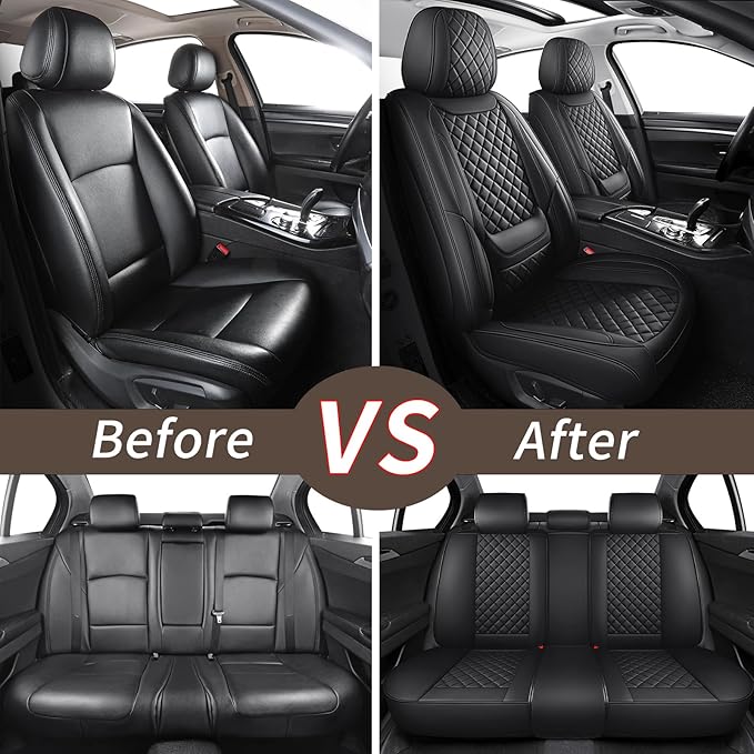 Leather Car Seat Covers Full Set Breathable Automotive Seat Covers Waterproof Seat Protectors Universal Fit for Most Automotive Cars SUV Trucks Van (Black, Full Set)