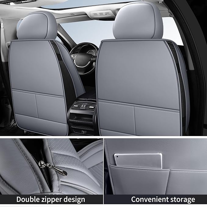Leather Car Seat Covers,Breathable and Waterproof Faux Leather Automotive Seat Covers for Cars,Universal Driver Seat Cover for Most SUV Truck Sedan(Style1,2 PCS Front Seat,Grey)