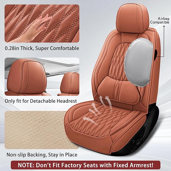 WELLDO Car Seat Covers Full Set,Nappa Leather Seat Covers for Car, Waterproof Car Seat Protector with Lumbar Support, Automotive Seat Covers Universal Fit for Most Cars SUV Truck, 2seats,Brown