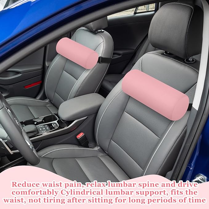 Wenqik 2 Pcs Lumbar Support Pillow Lumbar Roll Lower Pillow Office Seat Cushion with Adjustable Strap and Washable Cover for Travel Gaming Chair Car Seat Pain Relief(Pink)