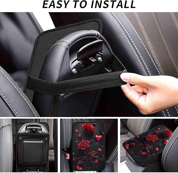 Universal Car Center Console Cushion Pad, Red Rose Soft Waterproof Car Center Console Cover Auto Armrest Seat Box Cover Protector for Most Vehicle SUV Truck Car